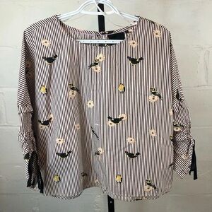 Nanette Lepore Striped Blouse with Bird and Floral Print